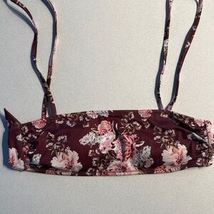 Floral Tie-Up Bandeau Bikini Top Red/Brownish Color w/ Pink and White Floral